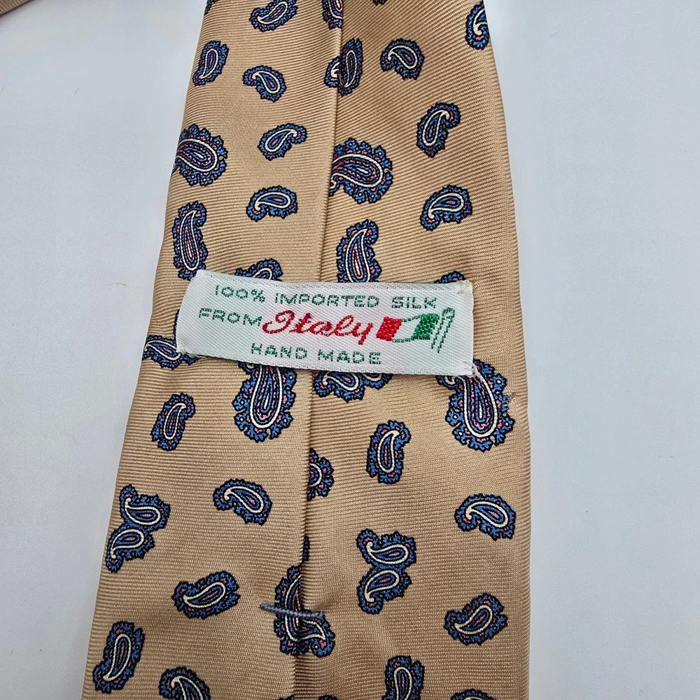 Mens Luxury 100% Silk Paisley Necktie Handmade Italy Formal Business Tan‎ Navy